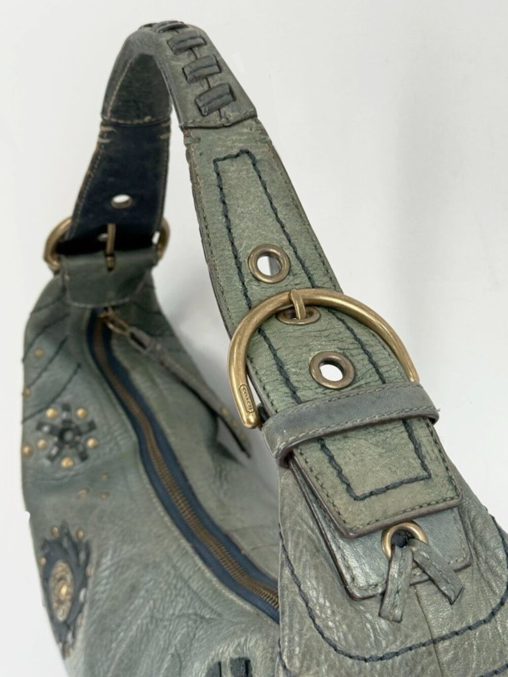 Vintage Rare 65th Anniversary Coach Blue Leather Gold Stud Hobo Bag 'Mia' - Picture 4 of 9